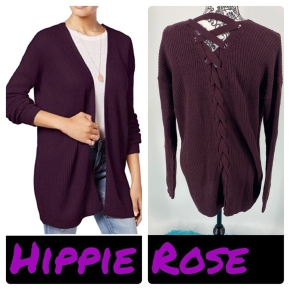 Hippie Rose wine Open-Front Lace-Up-Back Cardigan. Soft acrylic.  Burgundy - Picture 1 of 9